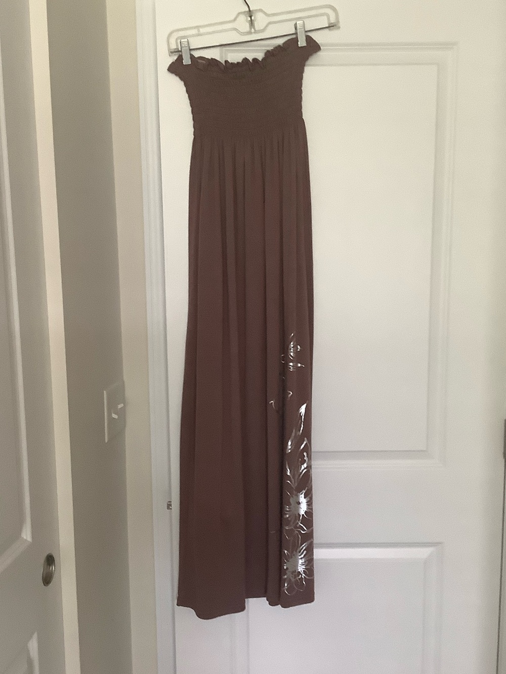 Smocked Strapless Maxi Dress in Brown with Floral Accent